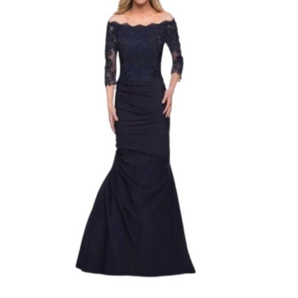 LA Femme 29324 Navy Lace Bodice Mermaid Gown Size 8 NWT